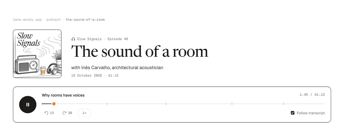 Slow Signals episode 48, “The sound of a room”, with an audio player.