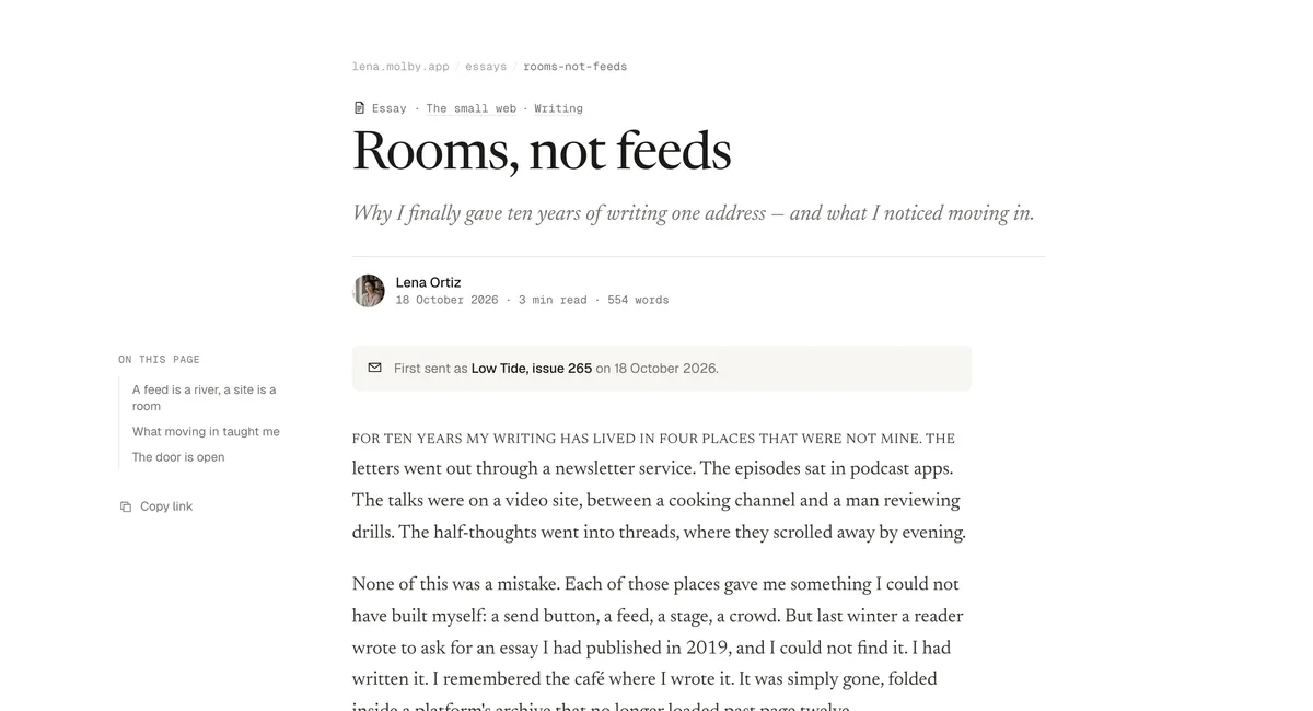 The essay “Rooms, not feeds” on Lena's site, with its date, topics and where it was first sent.